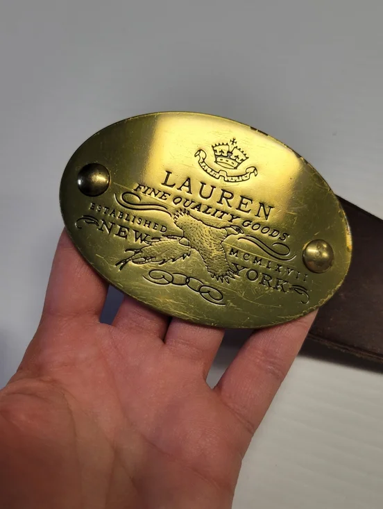 Ralph Lauren Brown Leather Belt L Genuine Leather Large Brass Buckle Vintage - Picture 2 of 8